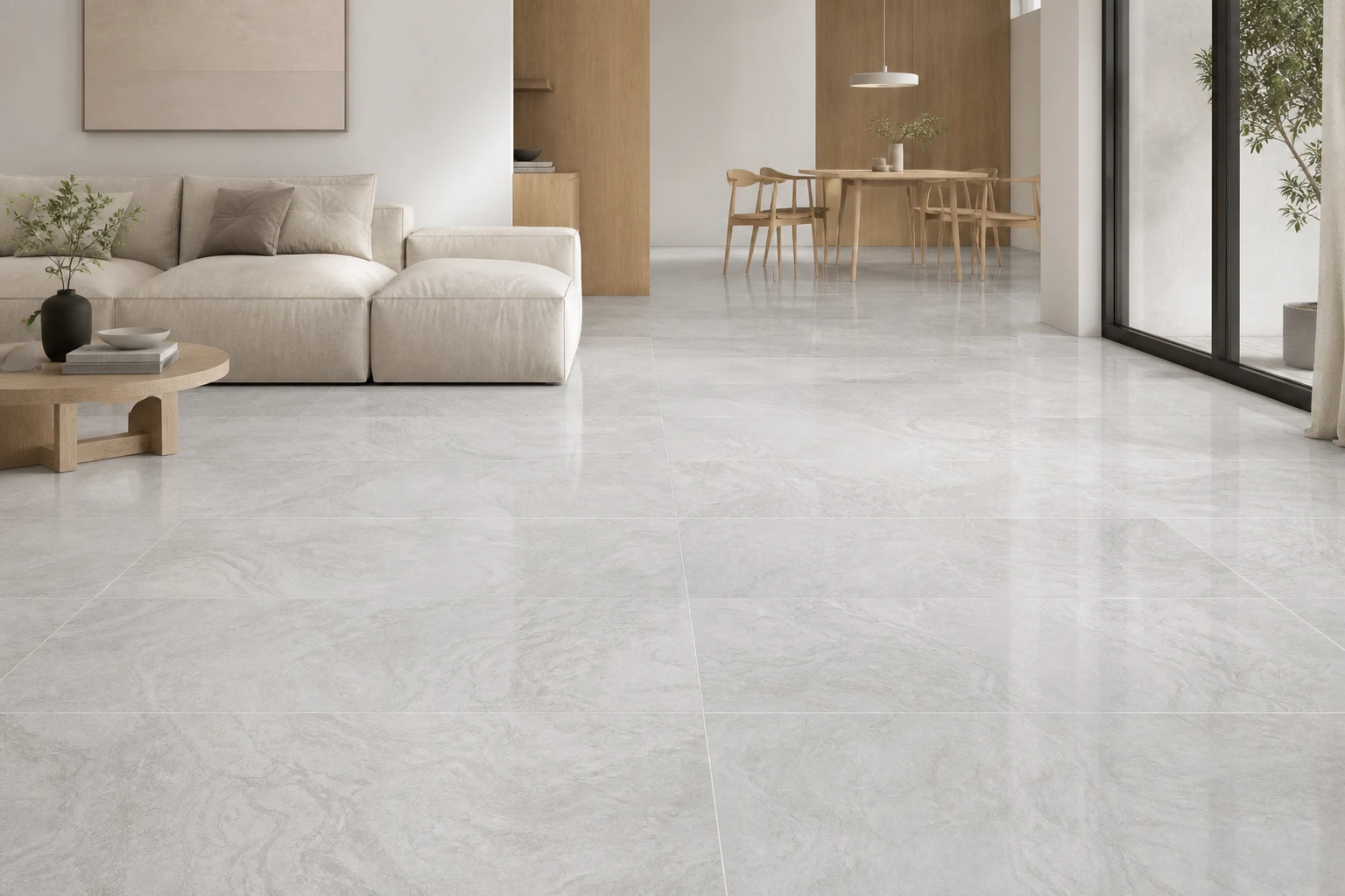 Bulut gri mermer görünümlü 60x120 porselen karoların uygulandığı aydınlık salon