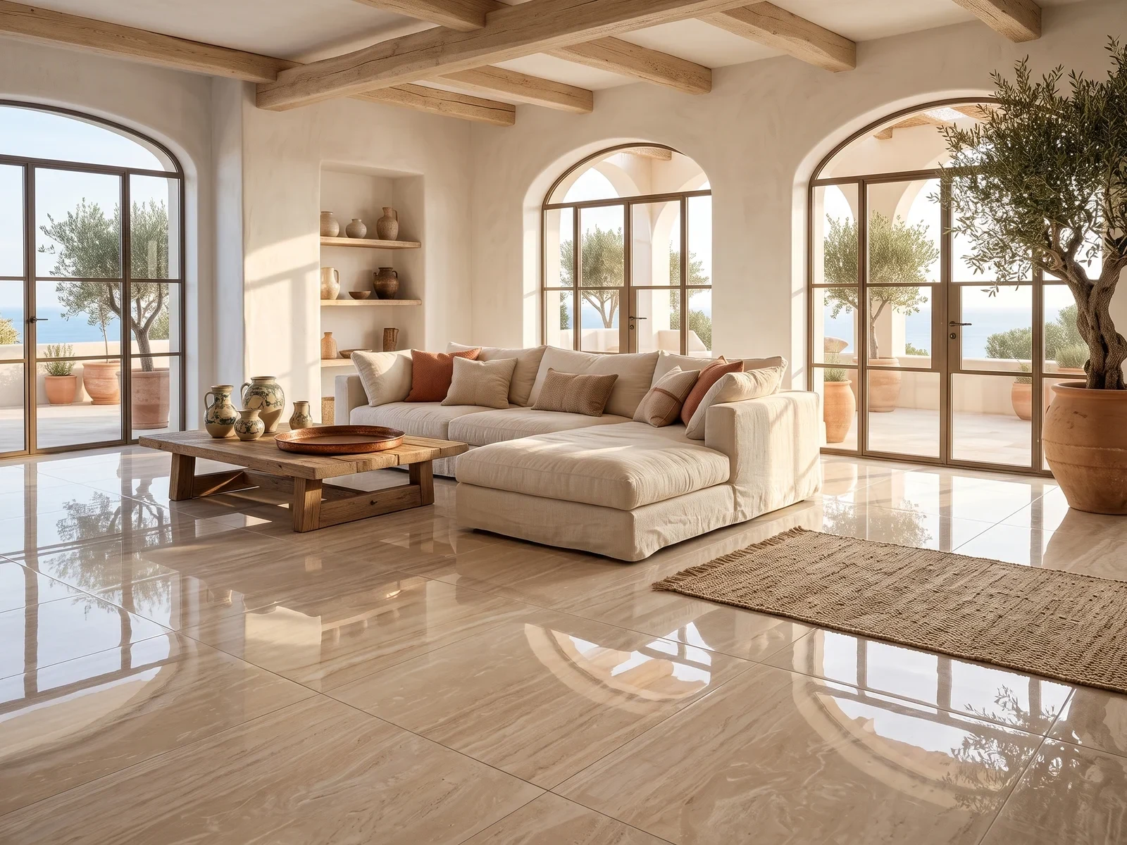 Traverten görünümlü parlak 60x120 porselen karoların uygulandığı Akdeniz esintili aydınlık salon