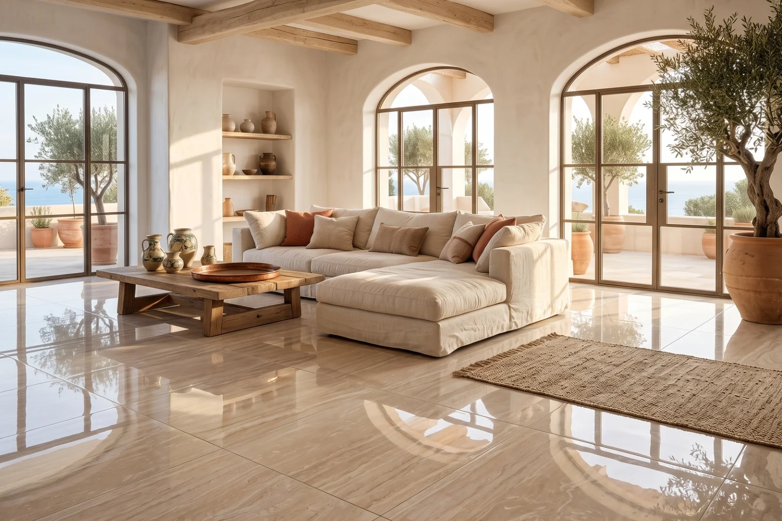 Traverten görünümlü parlak 60x120 porselen karoların uygulandığı Akdeniz esintili aydınlık salon