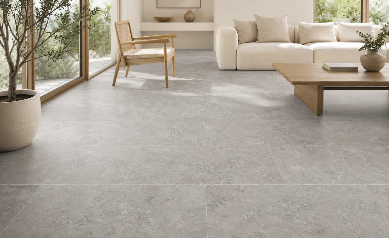 Açık gri taş görünümlü 60x120 porselen karoların uygulandığı güneşli modern salon